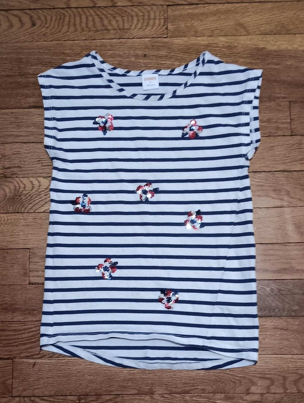 Girl's Gymboree Navy & White Striped Sequin Flower Tee